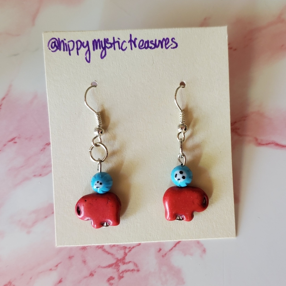 Red Beaded Elephant Drop Earrings